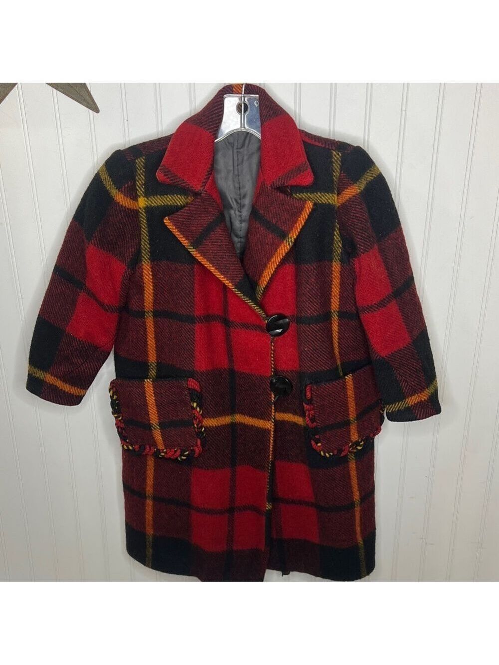 Wool Plaid Kids Pea Coat - Red and Black